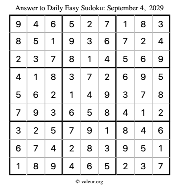 Answer to easy sudoku September 4, 2029