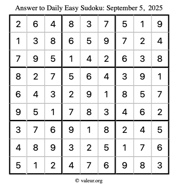 Answer to easy sudoku September 5, 2025