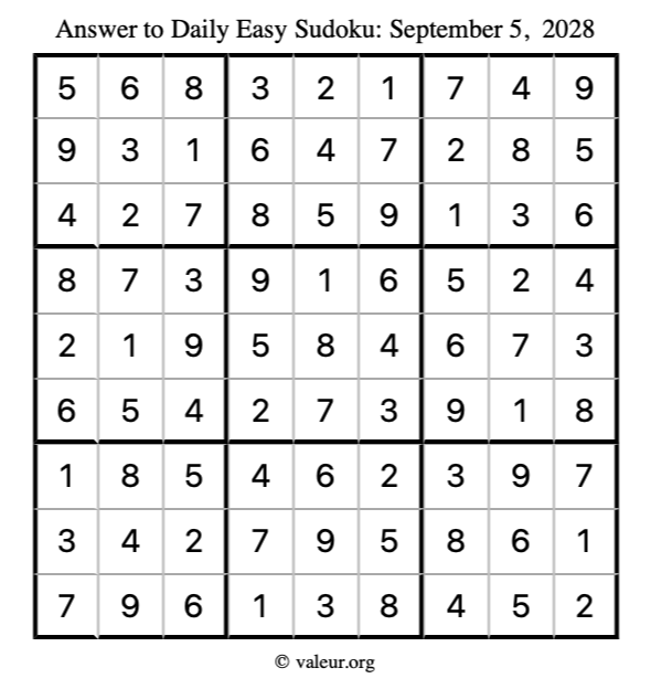 Answer to easy sudoku September 5, 2028