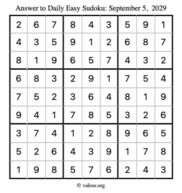 Answer to easy sudoku September 5, 2029