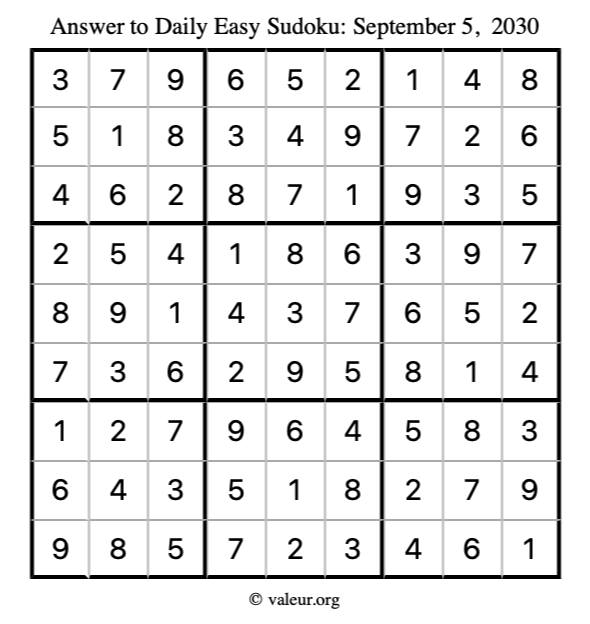 Answer to easy sudoku September 5, 2030