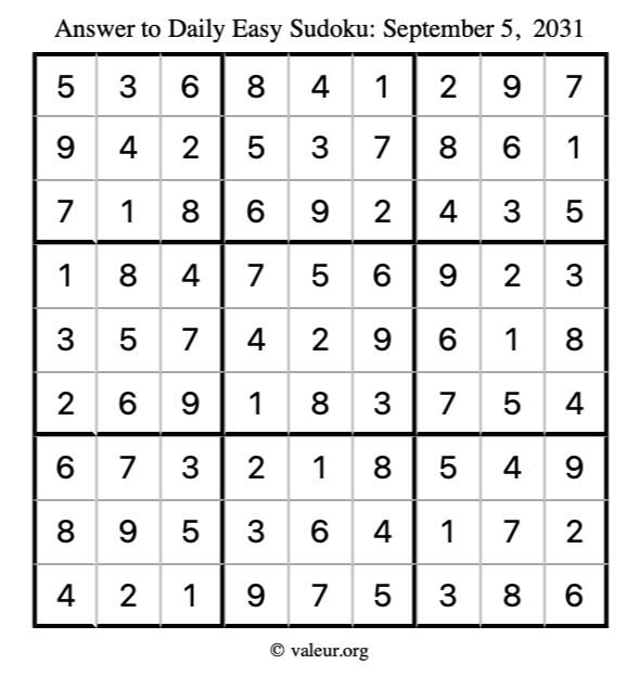 Answer to easy sudoku September 5, 2031