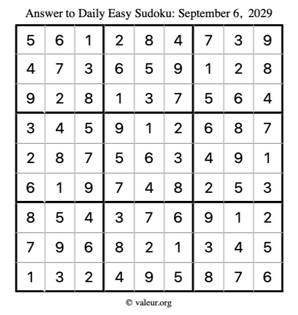 Answer to easy sudoku September 6, 2029