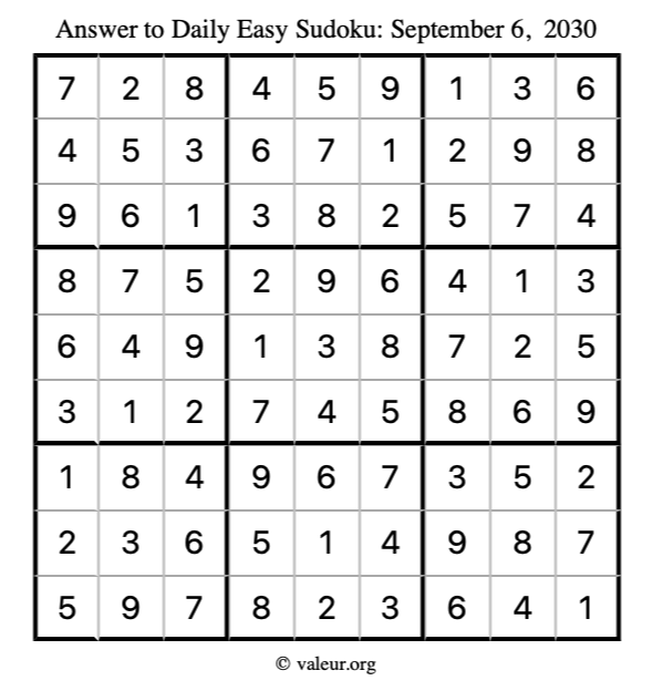 Answer to easy sudoku September 6, 2030