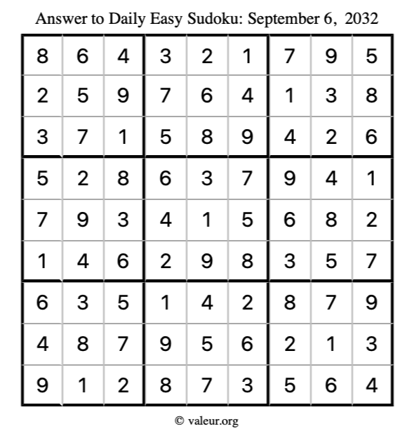 Answer to easy sudoku September 6, 2032