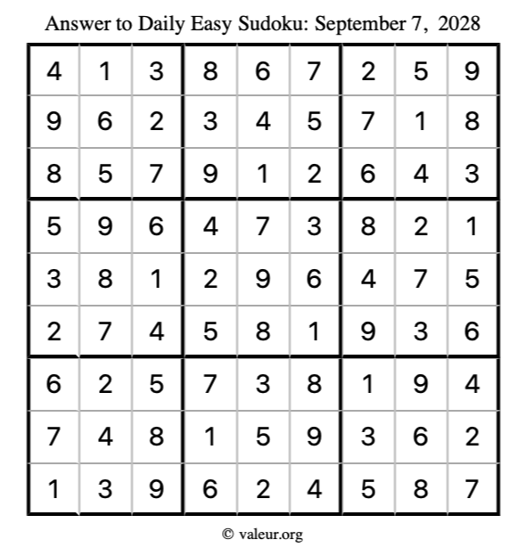 Answer to easy sudoku September 7, 2028