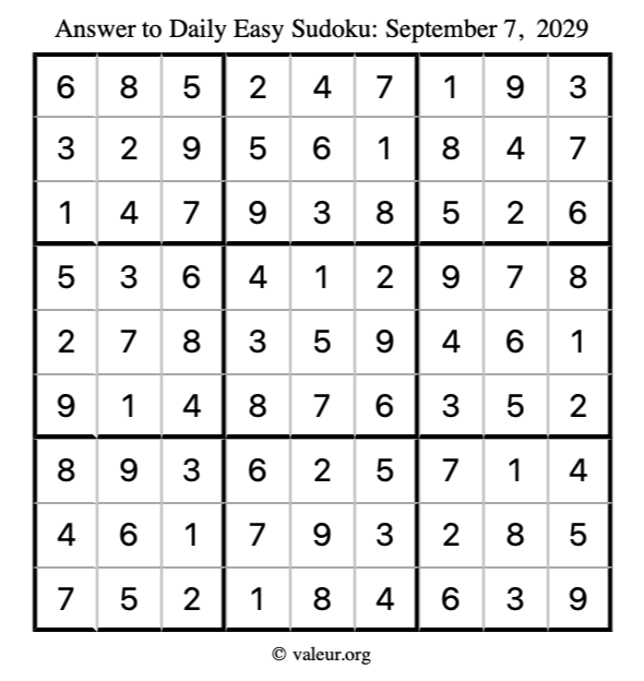 Answer to easy sudoku September 7, 2029