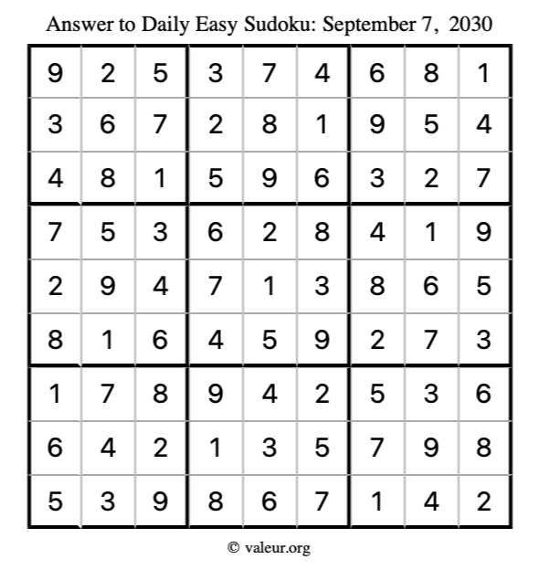 Answer to easy sudoku September 7, 2030