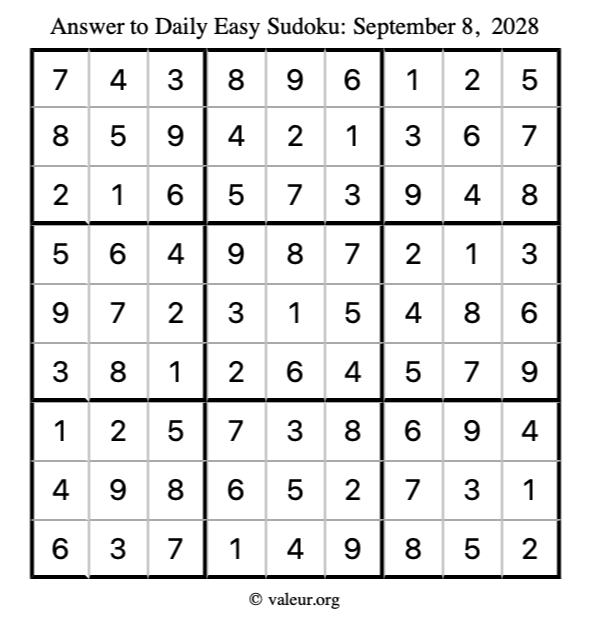 Answer to easy sudoku September 8, 2028