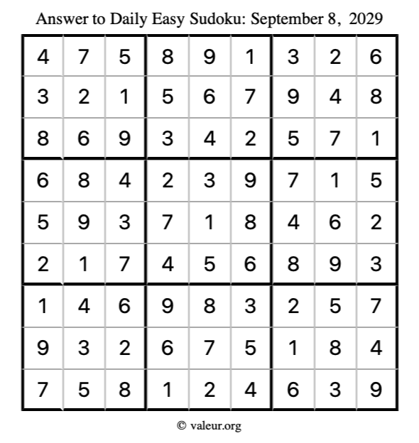 Answer to easy sudoku September 8, 2029