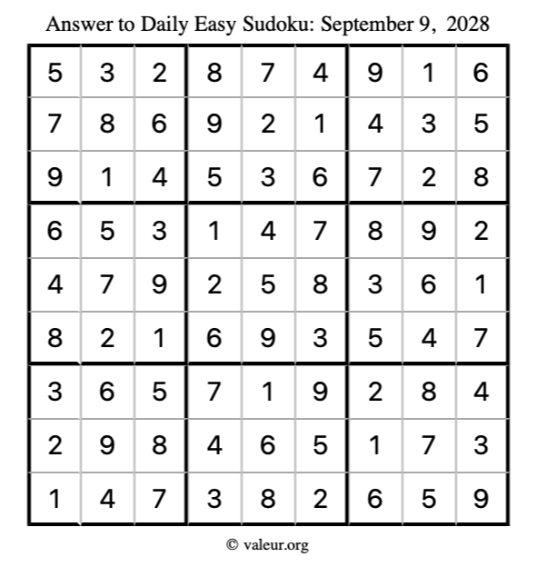 Answer to easy sudoku September 9, 2028