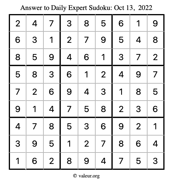 Answer to expert sudoku October 13, 2022