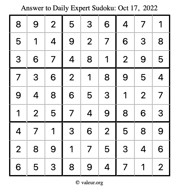 Answer to expert sudoku October 17, 2022