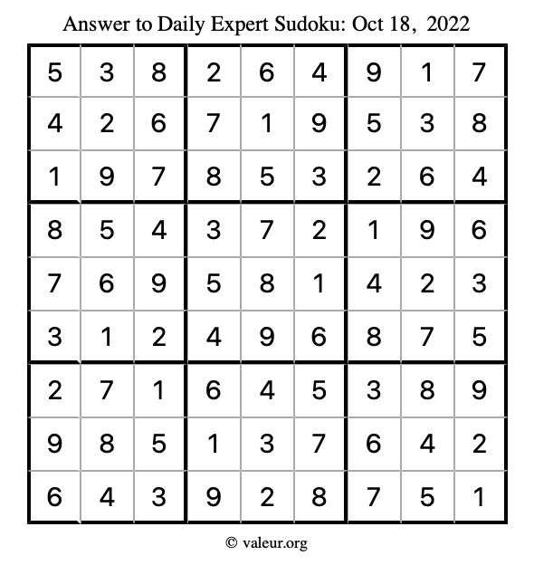 Answer to expert sudoku October 18, 2022