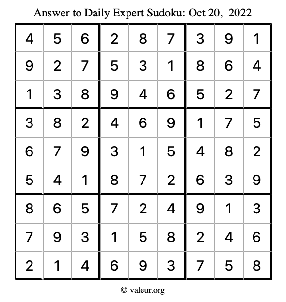 Answer to expert sudoku October 20, 2022