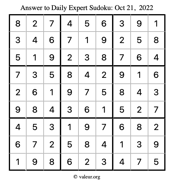 Answer to expert sudoku October 21, 2022