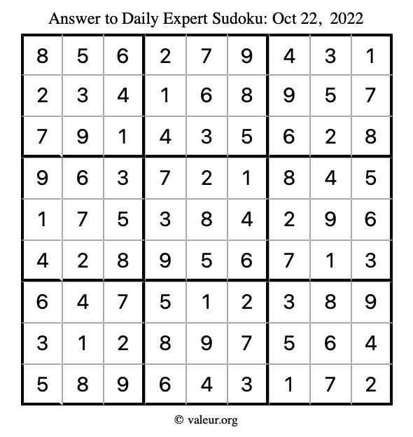 Answer to expert sudoku October 22, 2022