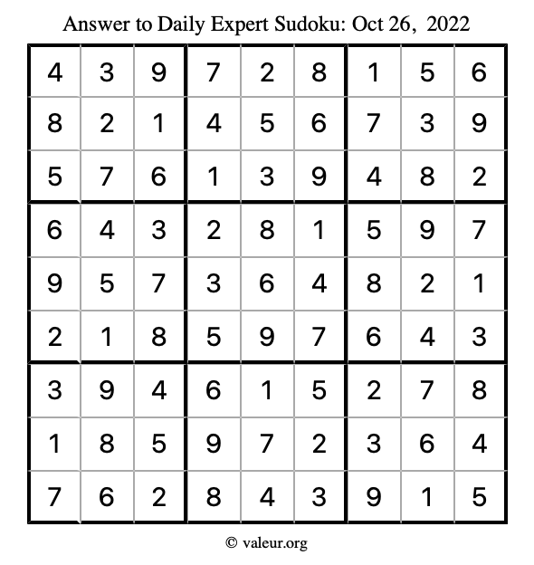 Answer to expert sudoku October 26, 2022