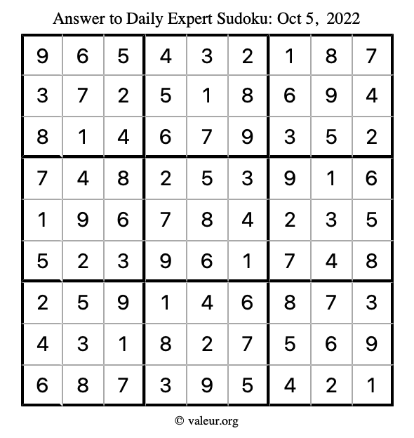 Answer to expert sudoku October 5, 2022