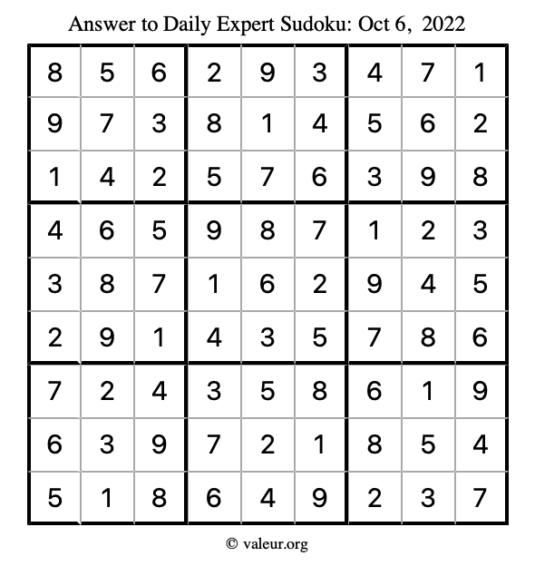 Answer to expert sudoku October 6, 2022