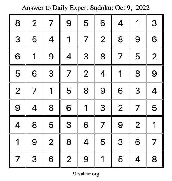 Answer to expert sudoku October 9, 2022