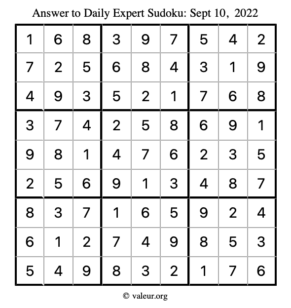 Answer to expert sudoku September 10, 2022