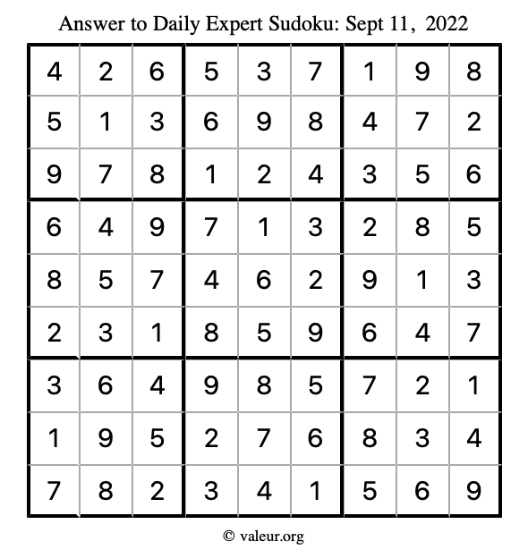 Answer to expert sudoku September 11, 2022