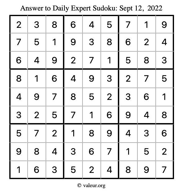 Answer to expert sudoku September 12, 2022