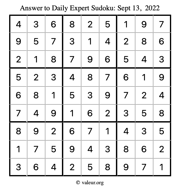 Answer to expert sudoku September 13, 2022