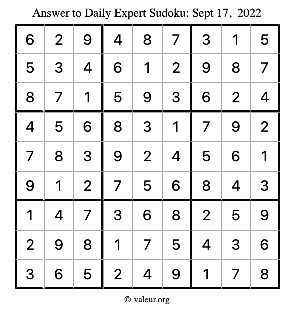 Answer to expert sudoku September 17, 2022