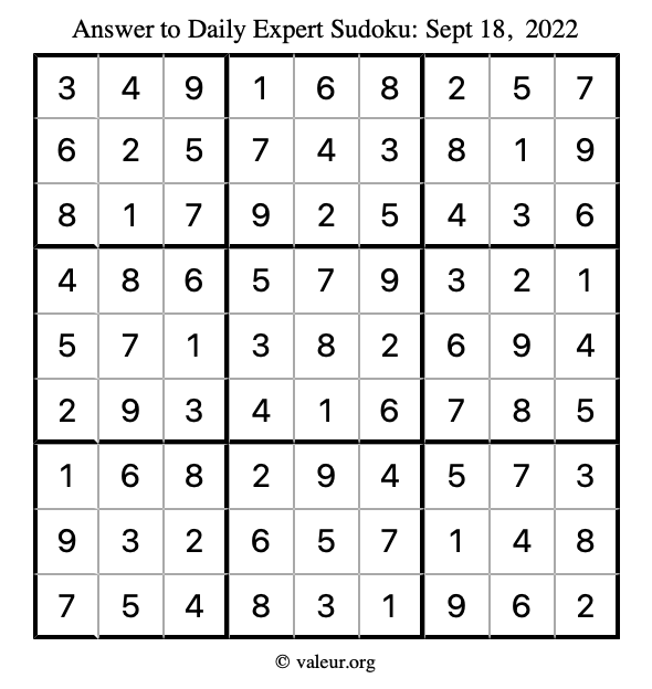Answer to expert sudoku September 18, 2022