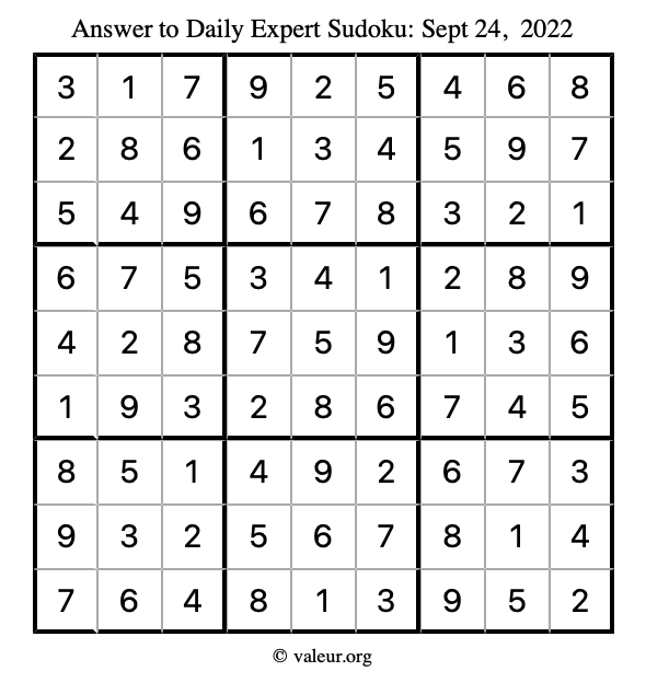 Answer to expert sudoku September 24, 2022