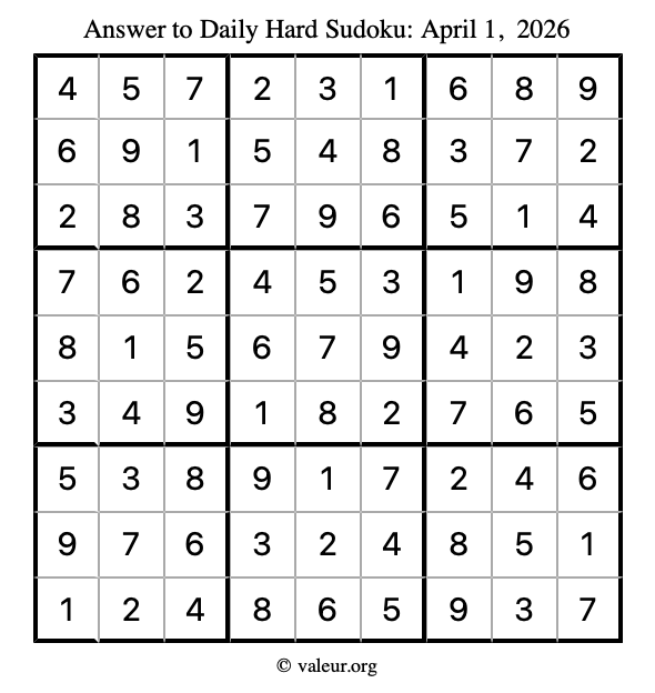 Answer to hard sudoku April 1, 2026