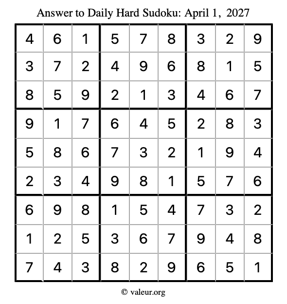 Answer to hard sudoku April 1, 2027
