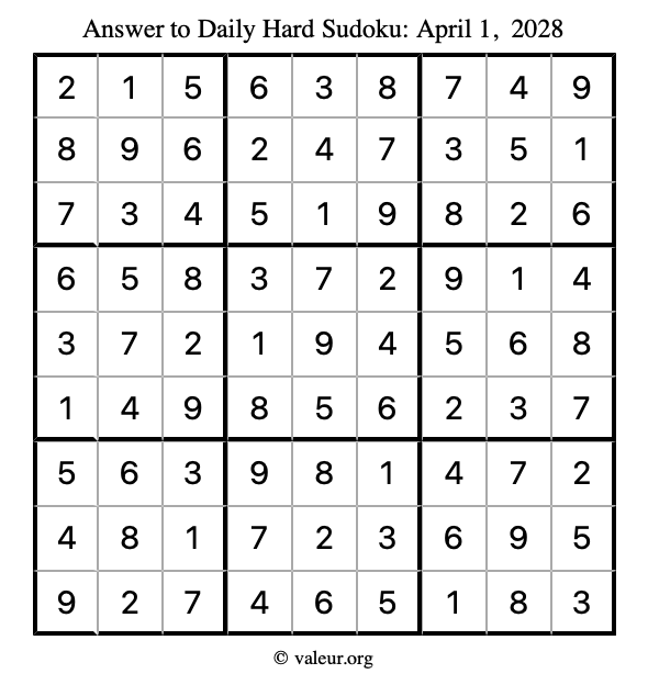 Answer to hard sudoku April 1, 2028