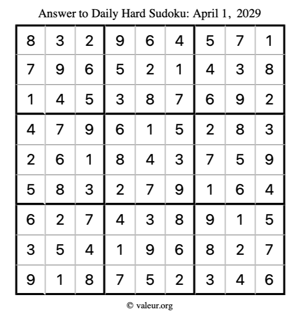 Answer to hard sudoku April 1, 2029
