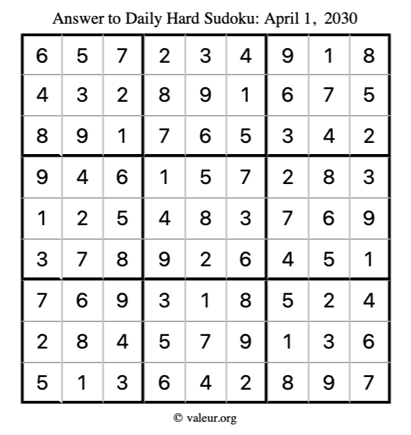 Answer to hard sudoku April 1, 2030