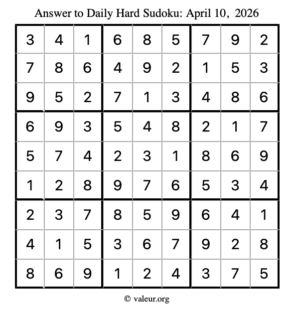 Answer to hard sudoku April 10, 2026