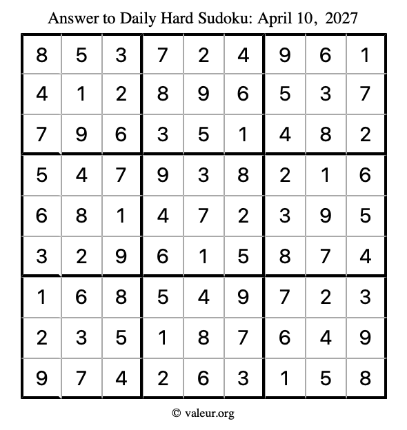 Answer to hard sudoku April 10, 2027