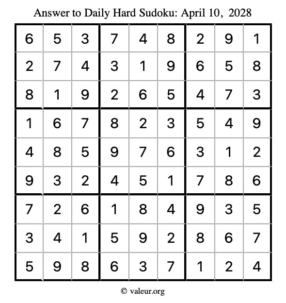 Answer to hard sudoku April 10, 2028