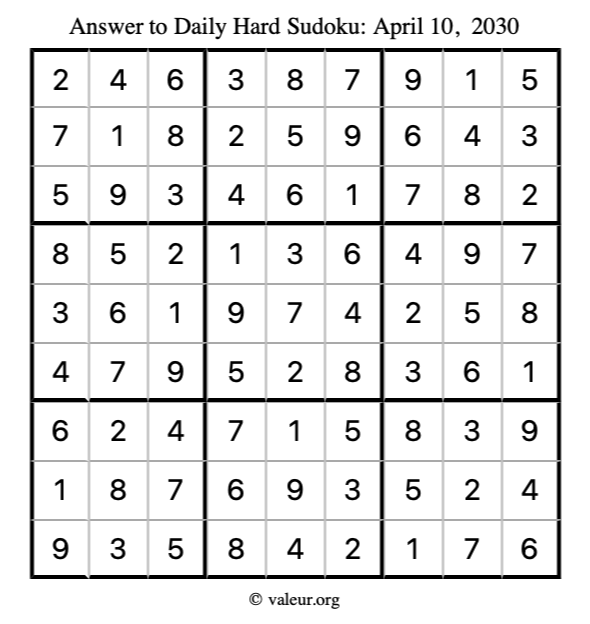 Answer to hard sudoku April 10, 2030