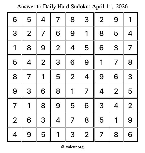 Answer to hard sudoku April 11, 2026