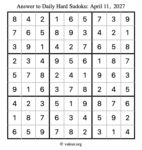 Answer to hard sudoku April 11, 2027