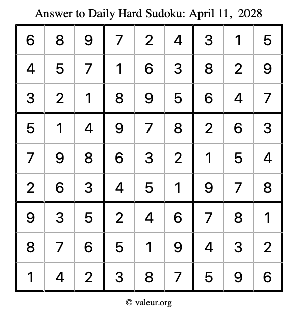 Answer to hard sudoku April 11, 2028