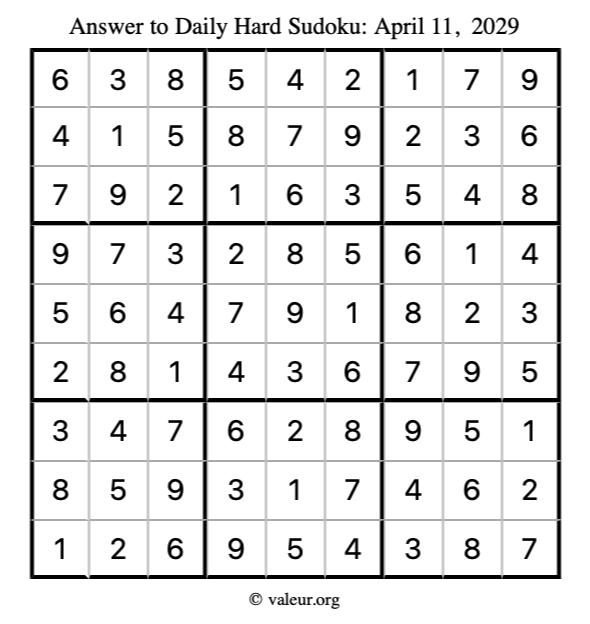 Answer to hard sudoku April 11, 2029