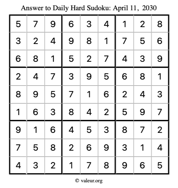 Answer to hard sudoku April 11, 2030