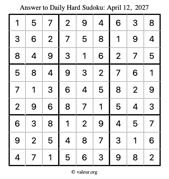 Answer to hard sudoku April 12, 2027