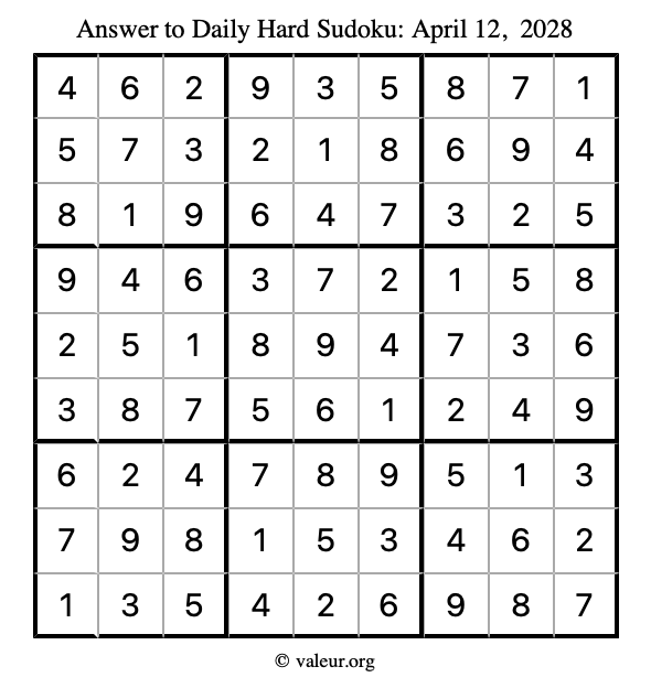 Answer to hard sudoku April 12, 2028