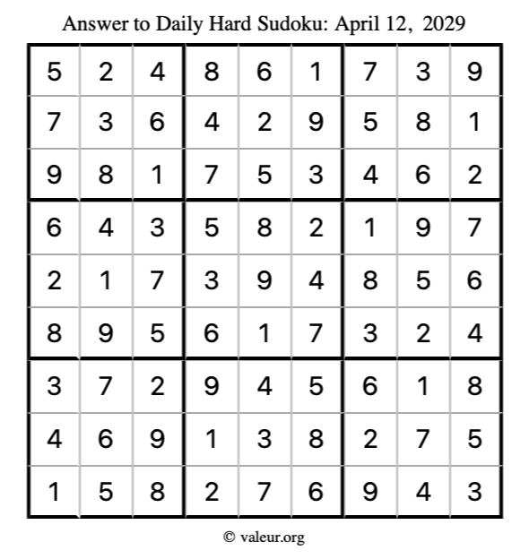 Answer to hard sudoku April 12, 2029
