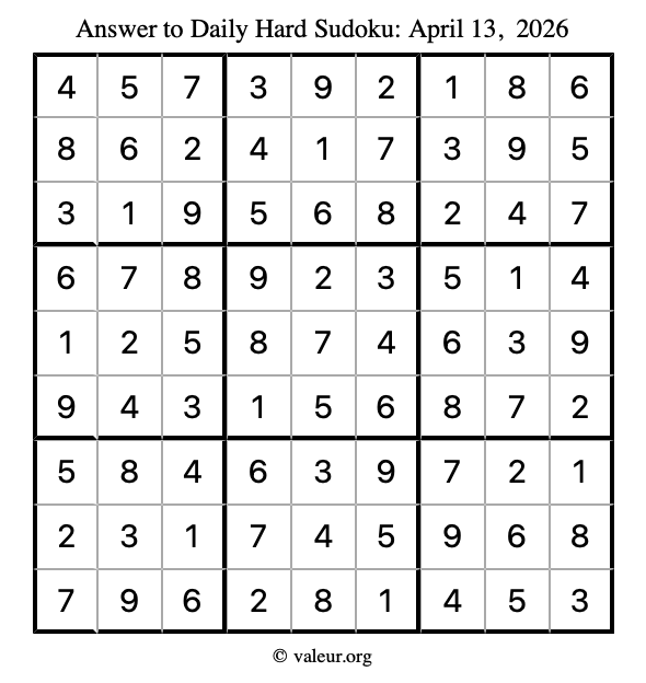 Answer to hard sudoku April 13, 2026